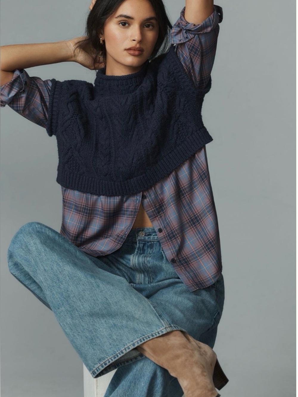 Maeve Layered Look Navy Cable Knit Vest Over Plaid Button-Up